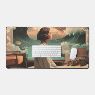 Surreal Interior With Woman and Cat Desk Mat