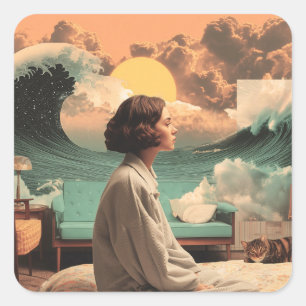 Surreal Interior With Woman and Cat Square Sticker