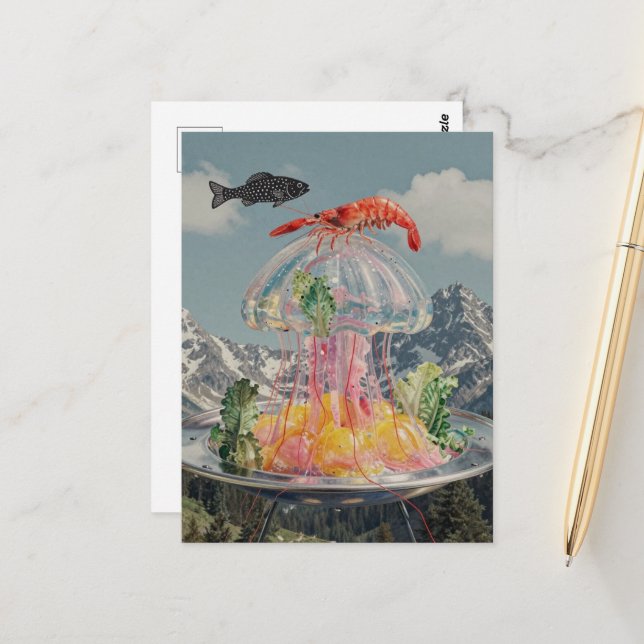 Surreal Jellyfish Collage Postcard (Front/Back In Situ)