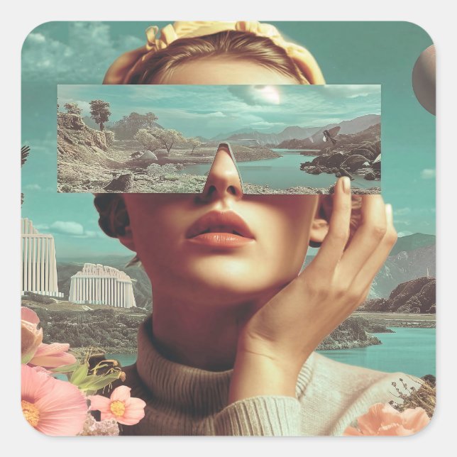 Surreal Landscape Vision, Surreal female portrait  Square Sticker (Front)