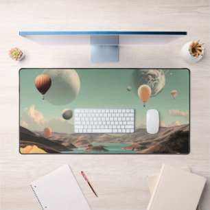 Surreal Landscape with Air Balloons and Moon Desk Mat
