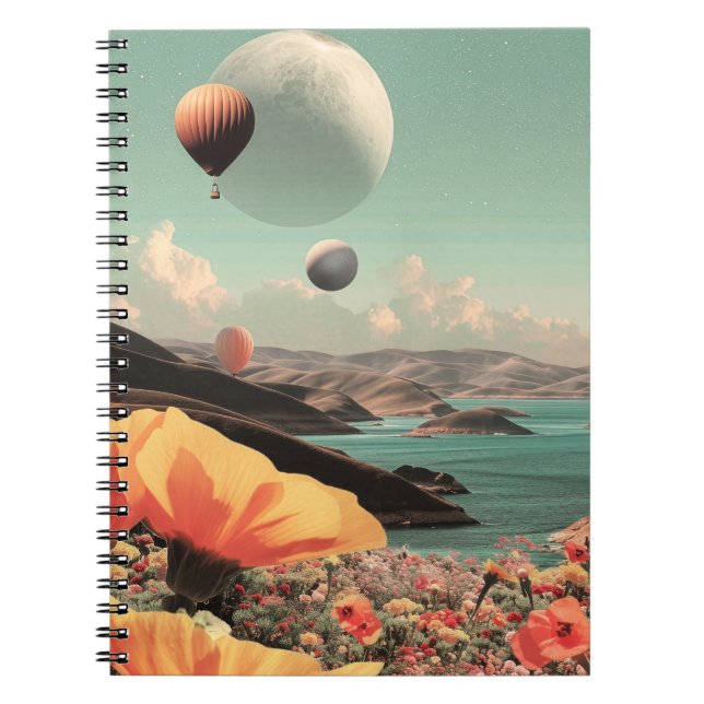 Surreal Landscape with Air Balloons and Moon Notebook (Front)