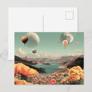 Surreal Landscape with Air Balloons and Moon Postcard
