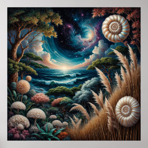 Surreal Landscape with Ocean, Galaxy Poster