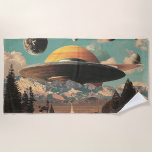 Surreal Landscape with Road, UFO and Saturn  Beach Towel