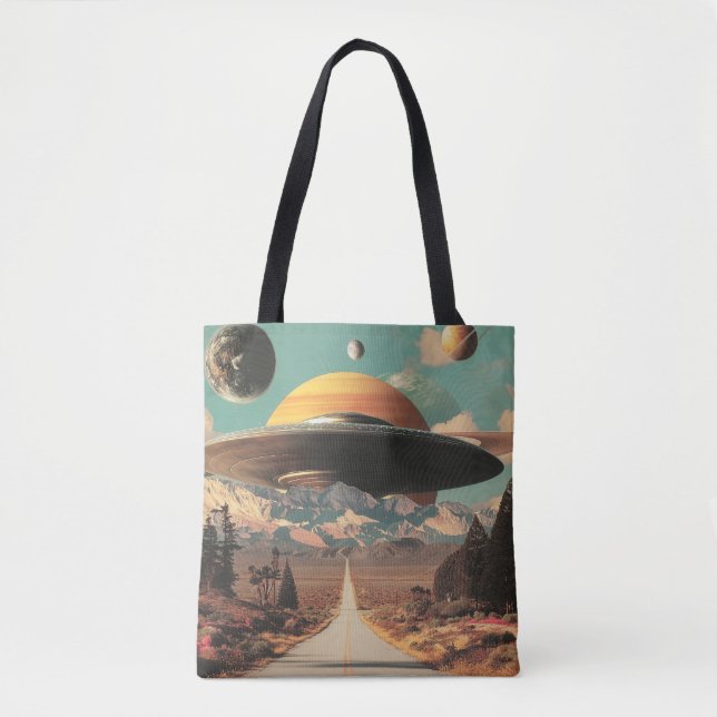 Surreal Landscape with Road, UFO and Saturn  Tote Bag (Front)