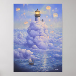 Surreal Lighthouse in the Clouds and Jellyfish Poster