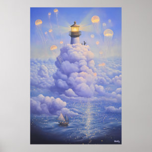 Surreal Lighthouse in the Clouds and Jellyfish Poster