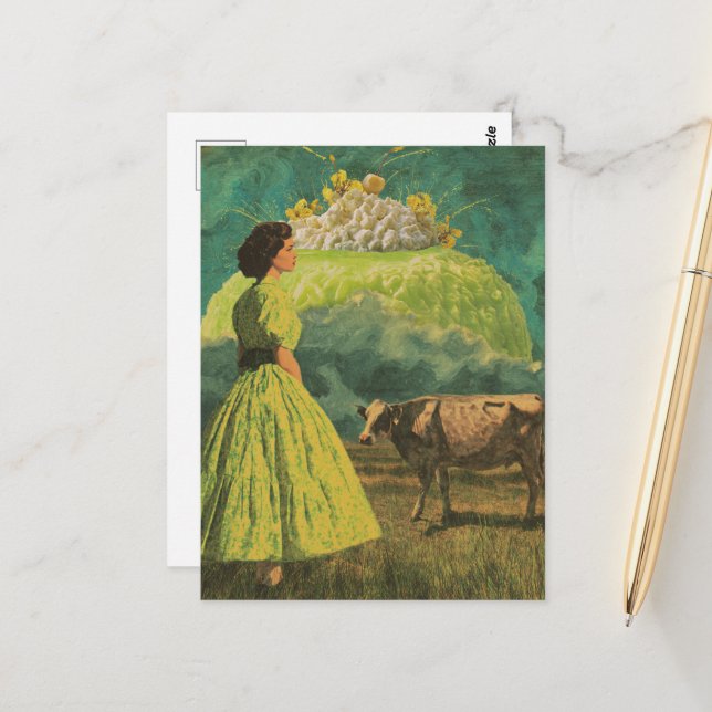 Surreal Lime Desert Dairy Pasture Woman and Cow Postcard (Front/Back In Situ)