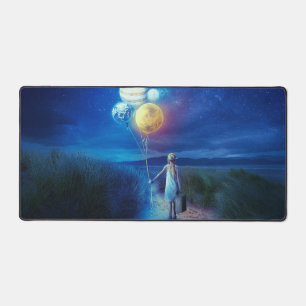 Surreal Little Girl Leaving Home for Other Worlds Desk Mat