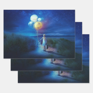 Surreal Little Girl Leaving Home for Other Worlds Wrapping Paper Sheet