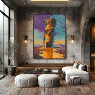 Surreal Melting Clock Tower in Dreamlike Landscape Poster