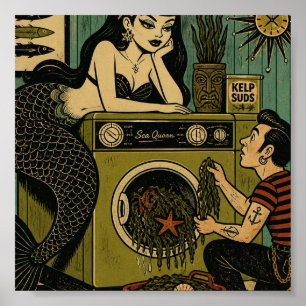 Surreal Mid Century Sea Siren Laundry Day Poster