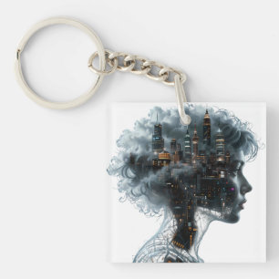 Surreal Mindscape: City within a Woman's Head Key Ring