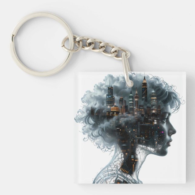 Surreal Mindscape: City within a Woman's Head Key Ring (Front)