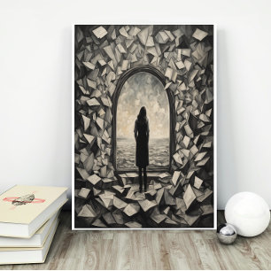 Surreal Monochrome Floating Papers Wall Art Poster