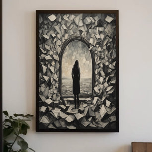 Surreal Monochrome Floating Papers Wall Art Poster