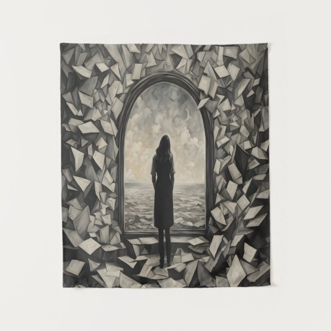 Surreal Monochrome Floating Papers Wall Art Tapestry (Front)