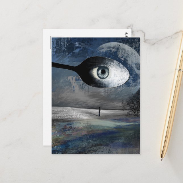 Surreal Moon and Spoon Collage Lonely Trees Postcard (Front/Back In Situ)