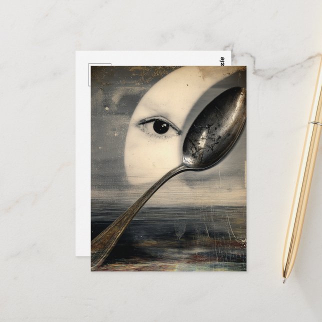 Surreal Moon and Spoon Collage Postcard (Front/Back In Situ)