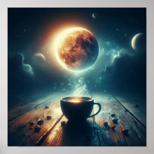 Surreal Moon Coffee Cup Cosmic Scene Poster