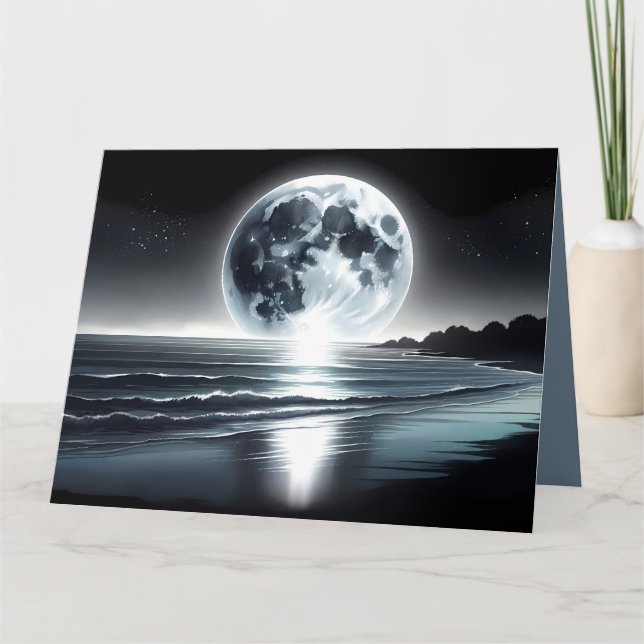 Surreal Moonrise Over Tranquil Ocean Shore Card (Front)