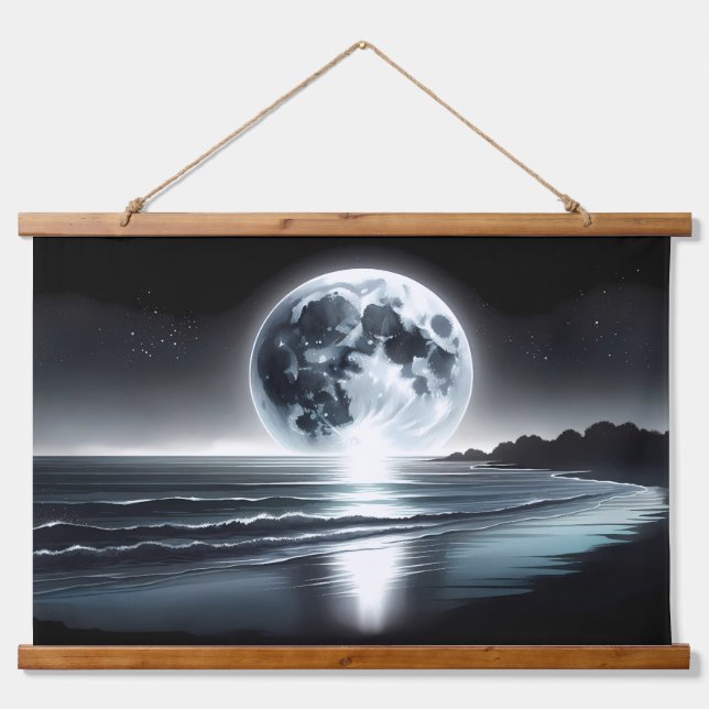 Surreal Moonrise Over Tranquil Ocean Shore Hanging Tapestry (Front)