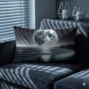 Surreal Moonrise Over Tranquil Ocean Shore Lumbar Cushion