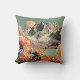 Surreal Mountain Landscape With Blooming Flowers Cushion
