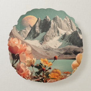 Surreal Mountain Landscape With Blooming Flowers Round Cushion