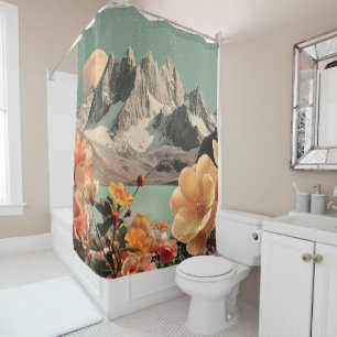 Surreal Mountain Landscape With Blooming Flowers Shower Curtain