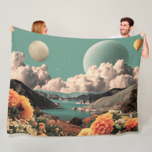 Surreal Mountain Landscape with Planets and Clouds Fleece Blanket