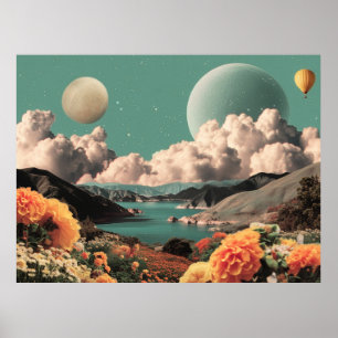 Surreal Mountain Landscape with Planets and Clouds Poster