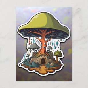 Surreal Mushroom Tree Over Gnome Hut Postcard