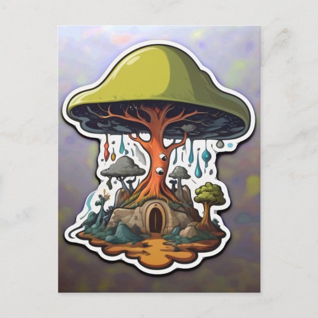Surreal Mushroom Tree Over Gnome Hut Postcard (Front)