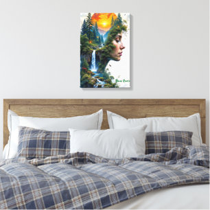 Surreal Nature Portrait Woman Sunset Waterfall Canvas Print