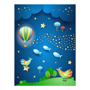 Surreal night with balloons and wave of stars post photo print