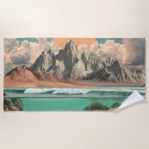 Surreal Ocean and Mountain Landscape with Waves Beach Towel
