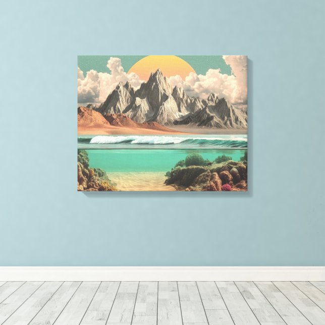 Surreal Ocean and Mountain Landscape with Waves Canvas Print (Insitu(Wood Floor))