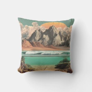 Surreal Ocean and Mountain Landscape with Waves Cushion