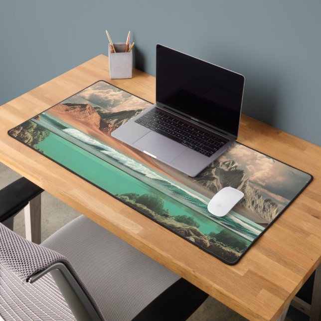 Surreal Ocean and Mountain Landscape with Waves Desk Mat (Office 2)