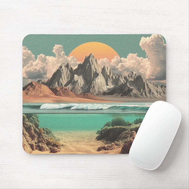Surreal Ocean and Mountain Landscape with Waves Mouse Pad (With Mouse)