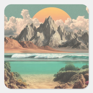 Surreal Ocean and Mountain Landscape with Waves Square Sticker