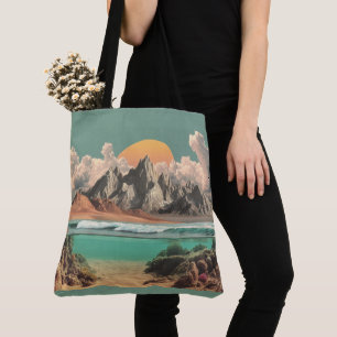 Surreal Ocean and Mountain Landscape with Waves Tote Bag