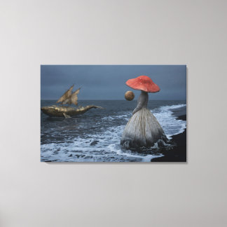Surreal Ocean Dream: The Golden Whale and Mushroo Canvas Print