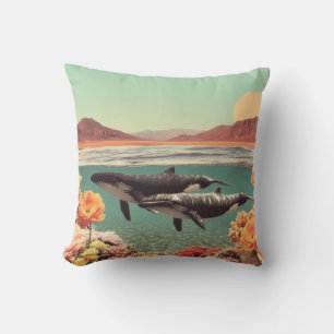 Surreal Ocean Scene With Whales And Coral Cushion