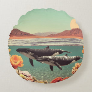 Surreal Ocean Scene With Whales And Coral Round Cushion