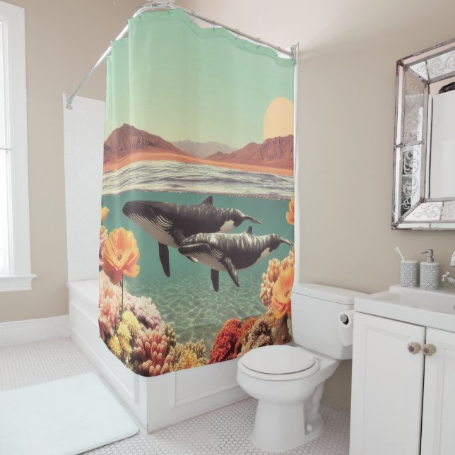 Surreal Ocean Scene With Whales And Coral Shower Curtain (In Situ)
