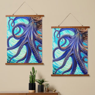 Surreal Octopus Blue Ocean Wave Impressionism  Hanging Tapestry