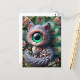Surreal One Eyed Grey Kitty Postcard